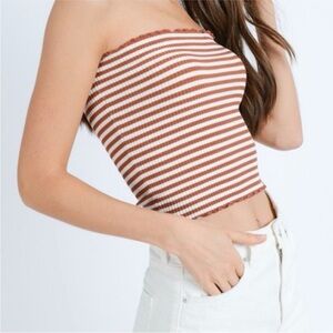 Love Tree Brown White Stripe Ribbed Lettuce Edge Tube Top Size Medium